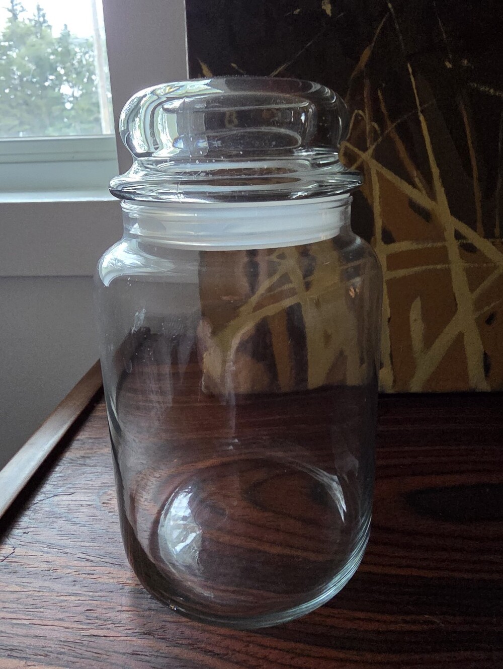 Clear glass storage jar with a domed glass lid and an airtight sealing ring.